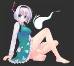 1girl arm_support bare_legs barefeet barefoot blue_eyes blush bob_cut breasts dress_shirt feet female grey_background hairband highres konpaku_youmu konpaku_youmu_(ghost) legs naturalton shirt short_hair silver_eyes silver_hair simple_background sitting skirt smile soles solo toes touhou untied vest white_hair