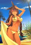 1girl animal_ears big_breasts bikini blanket blue_sky breasts brown_hair bunny_ears choker cleavage cloud curvy dark_skin front-tie_top hand_on_head hand_on_own_head hira_taira karindi_(pixiv_fantasia) large_breasts long_hair navel one_eye_closed palm_tree pixiv_fantasia pixiv_fantasia_5 sand shiny shiny_clothes side-tie_bikini sky smile solo swimsuit tree underboob water wink yellow_bikini yellow_eyes