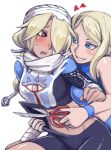  2girls blonde blonde_hair blue_eyes blush bodysuit cutting goma_tonbi grabbing grabbing_from_behind grin long_hair metroid multiple_girls naughty_face nintendo ocarina_of_time pervert red_eyes reverse_trap samus_aran scarf scissors sheik smile super_smash_bros. sweatdrop tabard the_legend_of_zelda the_legend_of_zelda:_ocarina_of_time tomboy torn_bodysuit torn_clothes turban undressing yuri 