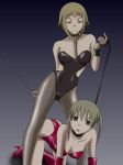 2girls all_fours bare_shoulders bdsm blonde_hair bondage boots bound braid breasts brown_eyes cleavage collar dominatrix elbow_gloves empty_eyes femdom front_braid gloves hair high_heels leash legs long_hair maka_albarn medusa_gorgon multiple_girls open_mouth pantyhose shoes slave soul_eater twin_tails twintails winbay01 yuri