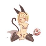  1girl animal_ears ball bangs bare_shoulders black_legwear blonde_hair blunt_bangs bra breasts cat_ears cat_tail cleavage expressionless fake_animal_ears highres jpeg_artifacts lingerie looking_at_viewer midriff multicolored_bra navel nichijou no_shoes red_eyes ribbon sekiguchi_yuria short_hair simple_background sitting solo stockings strap_slip tail thighhighs tsliuyixin underwear wariza white_background 