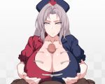 1boy 1girl big_breasts buckethead censored cleavage dark-skinned_male dark_skin expressionless gif gif hat interracial long_hair looking_at_viewer mosaic_censoring paizuri paizuri_under_clothes pov puffy_short_sleeves solo_focus touhou yagokoro_eirin