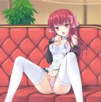  1girl amane_(dream_c_club) bad_id blush breasts cleavage detached_sleeves dream_c_club hair_ribbon high_res highres hiten_goane_ryu long_hair masturbation open_mouth panties pantyshot pink_panties red_eyes red_hair ribbon solo spread_legs stockings thighhighs through_panties underwear upskirt 