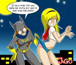 barbara_gordon batgirl batman_(series) blonde_hair brown_hair city dc dc_comics embarrassing funny gloves jago_(artist) lipstick long_hair looking_back panties pink_panties polka_dot_panties skirt_lift supergirl surprise