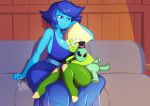 2018 2_girls alien ass between_breasts blue_dress blue_eyes blue_hair blue_skin breasts couch dress forehead_gem green_eyes green_skin lapis_lazuli lapis_lazuli_(steven_universe) large_breasts legs midriff peridot peridot_(steven_universe) plushie see-through short_hair sitting steven_universe thick_thighs thighs visor wide_hips yellow_hair