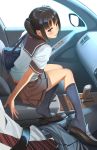  1girl bag black_hair black_legwear blush car car_interior clothes feet footjob footwear hair_bobbles hair_ornament haruta high_res highres loafers long_legs midriff motor_vehicle naughty_face neck_tie necktie original petite pink_eyes pov school_bag school_uniform serafuku shoe_dangle shoejob shoes skirt smoke_(flyx21) socks solo_focus twin_tails twintails vehicle 