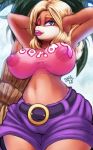 1girl 1girl 2016 anthro armpits arms_above_head big_breasts blonde_hair blue_eyes breasts candy_kong clothed clothing donkey_kong_(series) eyelashes furry hair high_res kong lips lipstick long_hair looking_at_viewer makeup mammal midriff navel nintendo one_eye_closed parkdale pose primate text video_games wide_hips