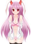 1girl animal_ears bad_id black_legwear blush bra breasts bunny_ears chimunge cleavage dress_shirt female highres large_breasts lingerie long_hair midriff no_pants off_shoulder open_clothes open_shirt panties pink_bra pink_panties pout purple_hair red_eyes reisen_udongein_inaba shirt solo stockings thighhighs touhou underwear underwear_only very_long_hair