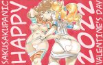 1girl 2022 2_girls areola ass blonde_hair blue_eyes breasts brown_hair censored duo female_focus female_only hair kissing nintendo nipples panties panty_pull princess_daisy princess_peach sakurakasugano sakusakupanic shirt shirt_lift super_mario_bros. valentine's_day yuri