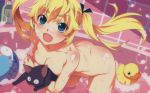 1girl :d :o animal ass back ball bangs bathing bathroom bathtub beachball bent_over black_cat_(animal) blonde_hair blue_eyes blush body_blush bottle breast_press breasts bubble carrying cat cleavage crossed_arms fang floral_print foam from_side grisaia_(series) grisaia_no_kajitsu groin hair_ribbon happy looking_at_viewer matsushima_michiru nude nyanmel official_art open_mouth ribbon rubber_duck scared smile soap_bubbles tile_wall tiles toy twin_tails wading watanabe_akio water