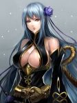  1girl bare_shoulders big_breasts breasts cleavage cleavage_cutout detached_sleeves flower gurozuki hair_flower hair_ornament high_res highres large_breasts lips long_hair looking_at_viewer parted_lips red_eyes sangokushi_taisen sasaki_ryou selvaria_bles senjou_no_valkyria senjou_no_valkyria_1 silver_hair solo sun_shang_xiang_(sangokushi_taisen) valkyria_chronicles very_long_hair 