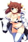 1girl absurd_res absurdres animal bell bells big_breasts bikini blue_eyes blush boots bottle breast_press breasts brown_hair choker cleavage collar copyright_request cow cow_girl cow_print elbow_gloves gloves hair_bell hair_ornament high_res highres large_breasts milk milk_bottle one_eye_closed print_bikini side-tie_bikini skindentation smile solo star stockings string_bikini swimsuit thigh_boots thigh_high_boots thighhighs tomose_shunsaku tongue white_background white_legwear wink