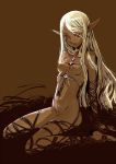  1girl bad_id barefoot blonde_hair branch_(artist) branch_(blackrabbits) breasts dark_elf dark_skin elf feet long_hair navel nipples nude original pointy_ears red_eyes solo 