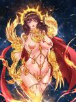  1girl armor armored_gloves aura belly_button big_breasts bikini_armor breasts brown_hair cape claws flaming_sword genderswap genderswap glowing god-emperor_of_mankind halo holding_weapon jewelry long_hair looking_down navel nipple_piercing nipple_piercing nipples open_mouth pink_nipples purple_eyes red_cape revealing_clothes semi_nude space starry_sky stars sword talking warhammer_(franchise) warhammer_40k weapon 