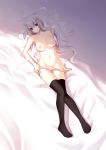 1girl bad_id bed big_breasts black_legwear breasts high_res highres large_breasts legs_together long_hair lying nana_mikoto nipples original panties purple_eyes solo stockings thighhighs topless underwear undressing white_hair