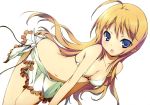  1girl :o absurd_res absurdres ahoge bare_shoulders bikini blonde_hair blue_eyes breasts butt_crack cleavage collarbone high_res highres kikuchi_seiji konoe_subaru leaning_forward long_hair looking_at_viewer mayo_chiki! navel orange_hair sarong side-tie_bikini simple_background solo swimsuit white white_background 