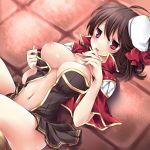 1girl :p breast_slip breasts brown_hair creator large_breasts lying navel nipples one_breast_out open_clothes ragnarok_online red_eyes solo sorai_shin'ya soraishinya tongue tongue_out