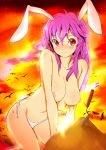 1girl animal_ears bad_id big_breasts bikini bird blush breasts bunny_ears female kneel kneeling large_breasts long_hair navel nipples nude panties pink_hair purple_hair red_eyes reisen_udongein_inaba reri sand side-tie_bikini smile solo spade sunset swimsuit topless touhou underwear