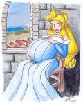 1girl 2009 big_breasts blonde blonde_hair breasts cleavage closed_eyes clothed crown disney dress female female_only hair indoors long_blonde_hair long_hair pregnant pregnant_belly pregnant_female princess_aurora sitting sleeping_beauty smile solo window