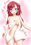  1girl ano_natsu_de_matteru areola areolae bad_id blue_eyes glasses high_res highres long_hair naked_towel navel nude red_hair solo takatsuki_ichika tjk towel wardrobe_malfunction yopparai_oni 