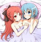 2girls after_sex aftersex aikawa_ryou bed_sheet blue_eyes blue_hair blush bow breast_grab breasts fang grabbing hair hair_bow high_res highres mahou_shoujo_madoka_magica miki_sayaka multiple_girls ponytail red_eyes red_hair sakura_kyouko smile wavy_mouth yuri