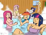 applejack ass bathhouse blonde_hair breasts cleavage fluttershy_(mlp) friendship_is_magic hairless_pussy hot_tub human megasweet multicolored_hair my_little_pony nude onsen open_mouth pink_hair pinkie_pie_(mlp) ponytail purple_hair pussy rainbow_dash_(mlp) rarity_(mlp) short_hair spread_legs towel twilight_sparkle_(mlp)