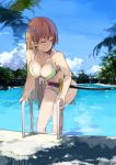 1girl bad_id bikini breasts cleavage closed_eyes front-tie_top hair katana long_hair pool pool_ladder sakura_sora sky smile solo swimming_pool swimsuit sword todoroki_yachiyo water weapon wet working!!