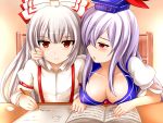 2girls annoyed blush body_blush bow breast_rest breasts cleavage collarbone down_blouse downblouse erect_nipples female fujiwara_no_mokou hair hair_bow hat headgear high_res highres kamishirasawa_keine keine_kamishirasawa large_breasts long_hair multiple_girls no_bra orange_eyes parted_lips pencil red_eyes shiny shiny_skin silver_hair suspenders touhou writing yoshimo