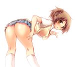  1girl ass bent_over blush brown_eyes brown_hair hair_ribbon hand_on_thigh hirasawa_ui k-on! kneepits legs no_panties pleated_skirt ponytail ribbon school_uniform short_hair skirt socks solo sweater_vest thick_thighs thighs ui_hirasawa yuunagi_seshina 