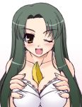  banana between_breasts blush bra breast_squeeze breasts fang food fruit lingerie long_hair narutaki_shin sexually_suggestive suzumiya_haruhi_no_yuuutsu tsuruya underwear very_long_hair wink 