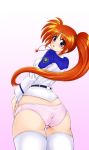  1girl airando ass blush gradient_background highres legwear long_hair looking_back lyrical_nanoha mahou_shoujo_lyrical_nanoha mahou_shoujo_lyrical_nanoha_strikers no_pants orange_hair panties pink_panties ponytail purple_eyes raising_heart solo takamachi_nanoha thighhighs underwear white_legwear 