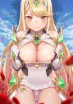 1girl armor bangs blonde_hair blue_sky blush breasts cleavage cleavage_cutout detached_sleeves dress flower gloves hair_ornament large_breasts long_hair looking_at_viewer mythra panties shoutai_(7490773) swept_bangs thighlet thighs tree underwear white_gloves white_panties xenoblade xenoblade_chronicles_2 yellow_eyes