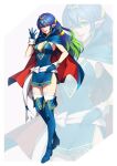  1girl absurd_res alluring alternate_costume alternate_eye_color alternate_hair_color armlet balasdan blue_cape blue_dress blue_gloves blue_hair boots breasts cape cleavage colored_tips commission commissioner_upload cosplay cuffs dragon_girl dress fire_emblem fire_emblem_awakening fusion garter_straps gem gloves green_eyes green_hair hair_between_eyes hair_ornament hair_ribbon hand_on_own_hip high_collar high_res jewelry lips long_hair looking_at_viewer lucina_(fire_emblem) medium_breasts multicolored_hair nintendo non-web_source plunging_neckline pointy_ears ponytail red_gemstone ribbon sash side_slit simple_background smile stockings thigh_high_boots thighs tiara tiki_(adult)_(fire_emblem) tiki_(adult)_(fire_emblem)_(cosplay) tiki_(fire_emblem) two-tone_hair white_sash 