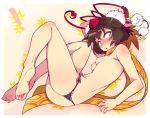 1girl :<> arm_up ass aya_shameimaru bare_legs bare_shoulders barefoot black_hair blush breasts brown_hair embarrassed face fan feet female hat legs looking_at_viewer lying nipples panties panties_only red_eyes scarf shameimaru_aya short_hair side-tie_panties simple_background soles solo taketora taketora_suzume thong toes tokin_hat topless touhou underwear underwear_only white_border