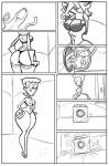 ass bra breasts closed_eyes comic dexter's_laboratory dexter's_mom ear_piercing earrings funny gloves jewelry laundry lipstick milf monochrome nipples nude panties short_hair smile underwear undressing washing_machine wide_hips