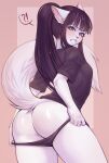  1girl ?! absurd_res anthro ass black_clothing black_hair black_panties black_shirt black_topwear black_underwear blue_eyes blush breasts clothing digital_media_(artwork) domestic_cat dressing ear_piercing felid feline felis fur furry hair high_res long_hair looking_at_viewer looking_back looking_back_at_viewer mammal original original_character panties piercing ponytail portrait pulling_panties raised_tail rear_view romarom shaded shirt standing three-quarter_portrait topwear underwear white_body white_fur 