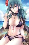  1girl :d alluring big_breasts bikini black_bikini black_cape blue_eyes blue_sky breasts byleth_(fire_emblem) byleth_(fire_emblem)_(female) byleth_(summer)_(fire_emblem)_(female) cape cloud commentary_request dagger day fire_emblem fire_emblem:_three_houses fire_emblem_heroes flower hair_flower hair_ornament high_res kirishima_riona knife long_hair looking_at_viewer navel nintendo official_alternate_costume open_mouth red_flower sitting sky smile stomach swimsuit teal_hair thighs weapon 