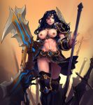 armor big_breasts black_hair breasts league_of_legends nipples no_panties pussy sivir weapons