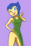  1girl 1girl blue_eyes blue_hair bottomless bottomless_skirt disney dress dress_up female_only hand_on_hip happy humanoid inside_out joy_(inside_out) looking_at_viewer no_panties open_mouth partially_clothed pixar presenting_pussy pussy pussy simple_background sleeveless sleeveless_dress smile stewsspicyblog wink winking winking_at_viewer yellow_skin 