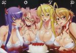  4girls absurd_res absurdres big_breasts blonde_hair blue_eyes bra breast_rest breasts bridal_gauntlets cake_(food) cleavage collar cream erect_nipples fake_horns finger_licking food food_on_face frosting glasses hair_ribbon hairband high_res highres highschool_of_the_dead horns huge_breasts inazuma jewelry lace-trimmed_bra large_breasts licking lingerie messy multiple_girls nail_polish necklace official_art open_mouth pearl_necklace pink_hair pink_nails purple_hair red-framed_glasses red_eyes rei_miyamoto ribbon saeko_busujima satou_shouji scan shizuka_marikawa strap_gap strap_pull strapless strapless_bra strawberry takagi_saya tongue twintails underwear white_bra yellow_eyes 