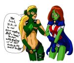  2_girls 2girls advice ahegao alien areola areola_slip artemis artemis_crock belt blonde_hair blush blushing breasts cape cleavage dc_comics female_only fingerless_gloves flirting freckles funny gloves green_nails green_skin hair hairless_pussy heart_print jim_sugomi lipstick long_hair m&#039;gann_m&#039;orzz megan_morse miss_martian multiple_girls nail_polish no_panties panties pink_lipstick printed_panties pussy red_hair seducing shirt_lift skirt skirt_lift speech_bubble teaching teen_titans text white_background white_panties young_justice 