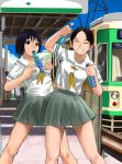  between_breasts black_eyes black_hair blue_hair breast_squeeze breasts bus bus_stop hands high_res highres kamimura mimura_kaoru miniskirt motor_vehicle original ramune school_uniform serafuku sexually_suggestive short_hair skirt smile train train_station vehicle 