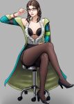 1girl alluring bra breasts brown_eyes brown_hair chair crossed_legs eyeglasses female_only high_heels julia_chang namco open_shirt pondersleuth ruffles solo_female tekken tekken_7 tights