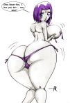  ass ass_crack big_ass big_breasts blue_eyes breasts bubble_butt dc_comics funny grey_skin happy-r lipstick looking_back pale_skin panties purple_hair raven_(dc) short_hair side-tie_panties teen_titans topless underwear wide_hips 