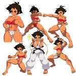 1girl abs antenna_hair black_hair blocking blue_eyes blush bra breasts cleavage dougi fighting_stance fundoshi heart_panties heart_print high_res karate leg_wrap lingerie makoto muscle one_knee panties printed_panties punching red_bra scarf short_hair side-tie_panties solo sports_bra street_fighter tan tan_line underwear