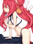 1girl arc_system_works bare_shoulders black_panties blazblue blazblue:_calamity_trigger breasts candy cleavage erect_nipples fumio_(rsqkr) glasses humio iron_tager kokonoe large_breasts lollipop long_hair panties pink_hair red_hair solo straddle straddling underwear yellow_eyes