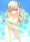 1girl aqua_eyes bare_shoulders bikini blonde_hair blue_background boku_wa_tomodachi_ga_sukunai breasts butterfly_hair_ornament cleavage collarbone hair_ornament hand_on_knee hand_on_own_knee high_res highres kashiwazaki_sena long_hair murakami_suigun navel panties side-tie_panties simple_background smile solo source_request swimsuit underwear