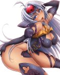 1girl :p arm_up ass bare_shoulders blue_eyes blue_hair breasts cleavage elbow_gloves female female_only gloves long_hair looking_at_viewer open_mouth ponpo ponponmaru silver_hair simple_background solo solo_female t-elos thick_thighs thighs tongue tongue_out white_background xeno_(series) xenosaga