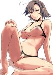 1girl absurdres ahoge arm_support bad_id bare_shoulders barefoot big_breasts black_bra black_panties bra breastless_clothes breastless_clothing breasts brown_eyes brown_hair clitoris crotch_cutout crotchless crotchless_panties exposed_breasts female female_only hand_on_knee hand_on_own_knee highres leg_lift leg_up legs lingerie looking_at_viewer milf naughty_face navel nipples original original_character panties pussy saru_ass short_hair simple_background sitting smile solo spread_legs thighs uncensored underwear white_background