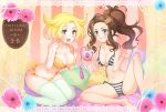  2girls bad_id bare_shoulders barefoot bel_(pokemon) bikini blonde_hair blue_eyes blush breasts brown_hair cleavage curtains frilled_bikini frills green_eyes hair large_breasts lingerie long_hair midriff multiple_girls navel open_mouth pillow pokemon pokemon_(game) pokemon_black_and_white pokemon_bw ponytail shinobiya_fsaka short_hair side-tie_bikini smile spread_legs swimsuit thighhighs touko_(pokemon) underwear 